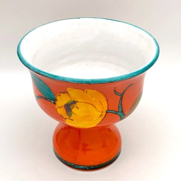 Italian Art Pottery Compote Planter Atomic Orange Pedestal Bowl Vase MCM Italy